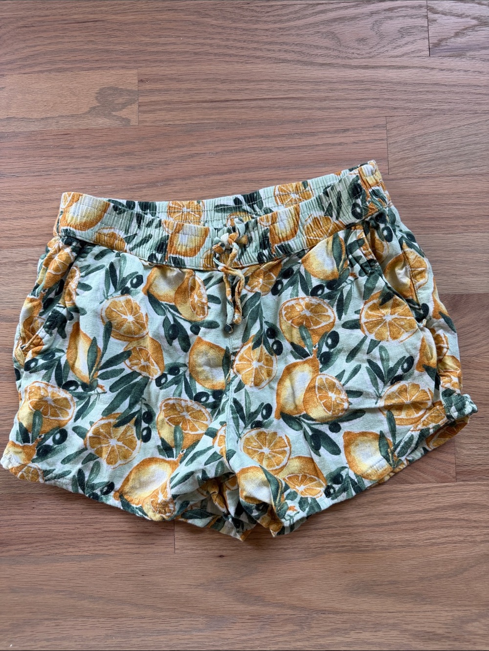 Abercrombie Kids Girls 11/12 Lemon Olive Print Linen Blend Pull-On Shorts